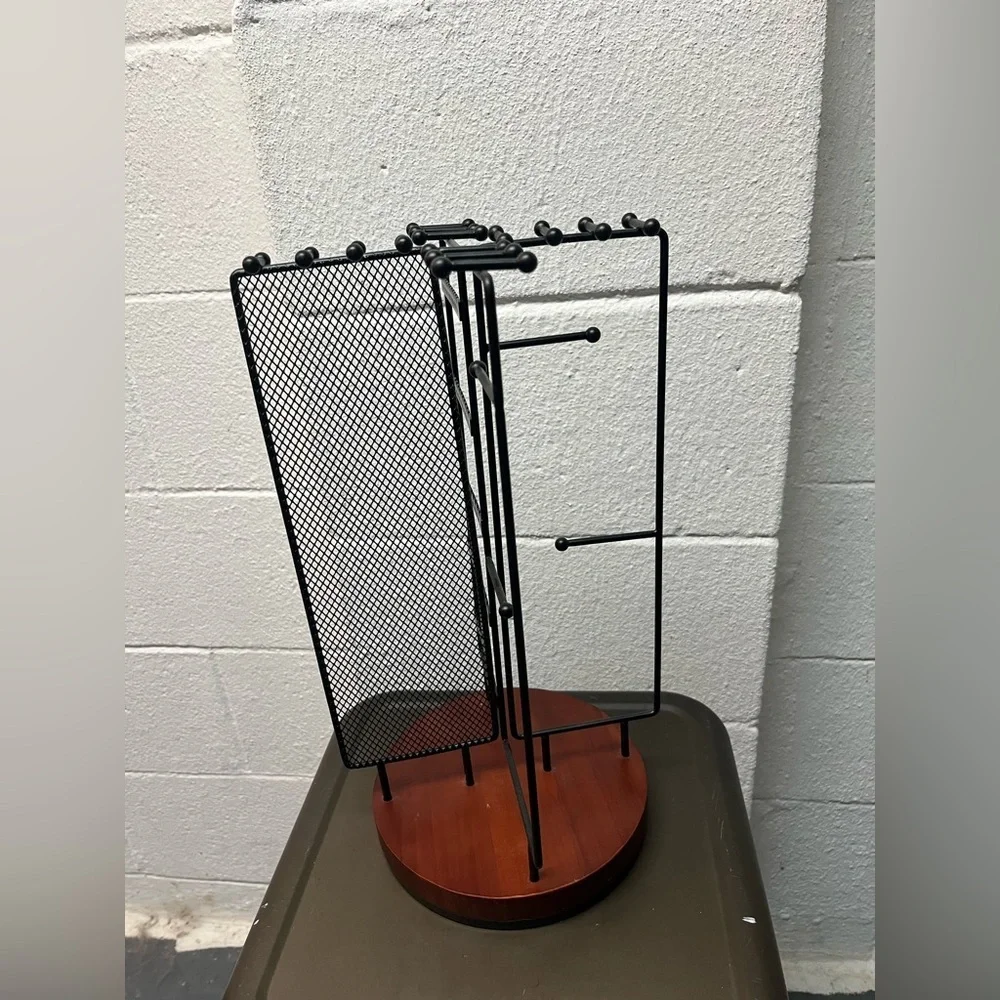 Black Metal Jewelry Stand with Wooden Base